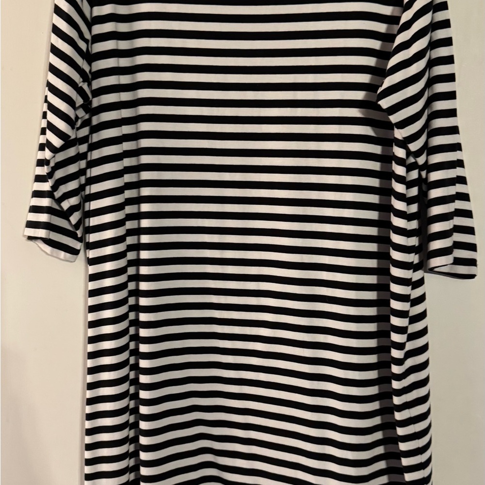 CJ Banks Black and White Striped Dress with Pink Embroidery Accents